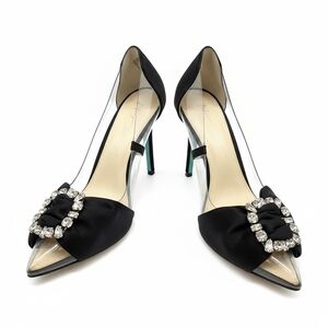 EUC Betsey Johnson SB-MOXIE Black Satin Rhinestone Bow Pointed Toe Pumps - 9.5!
